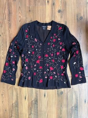 Karen Kane Black Embroidered Floral Semi-Sheer Blouse Sz L
